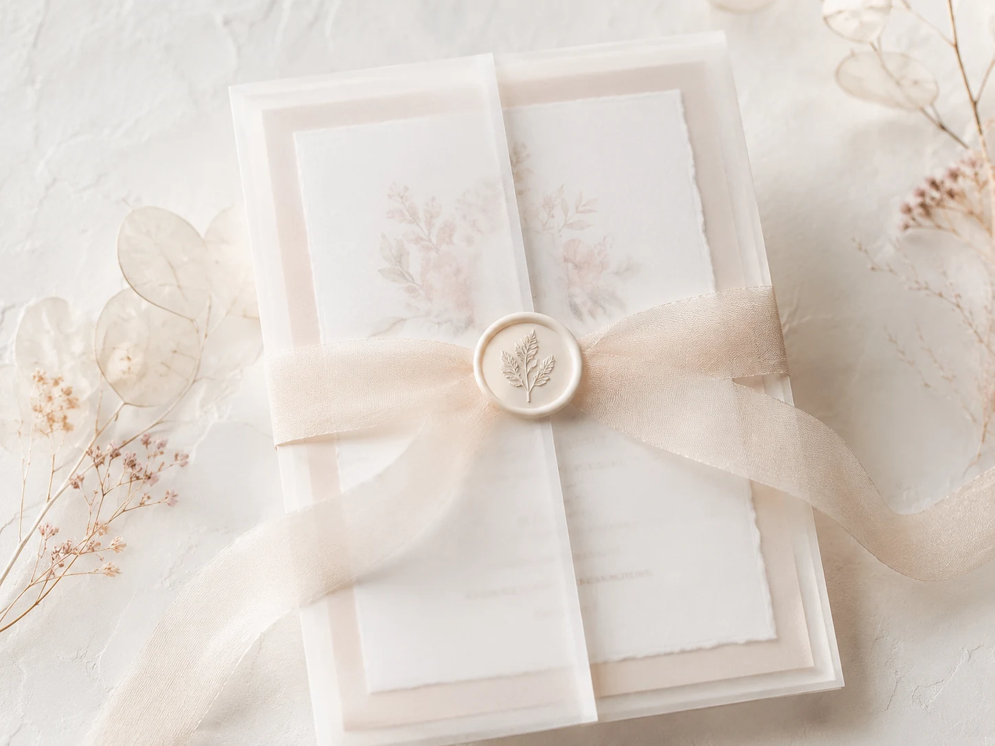 Translucent vellum wedding stationery wrap tied with ribbon and a white botanical wax seal
