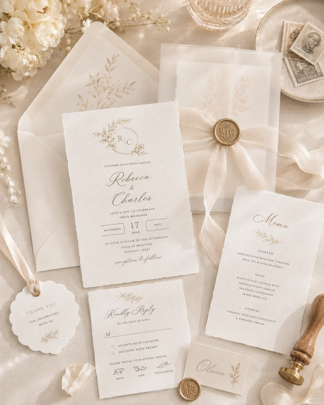 Heirloom wedding stationery suite presented with textured papers, vellum, ribbon, wax seal, and layered packaging