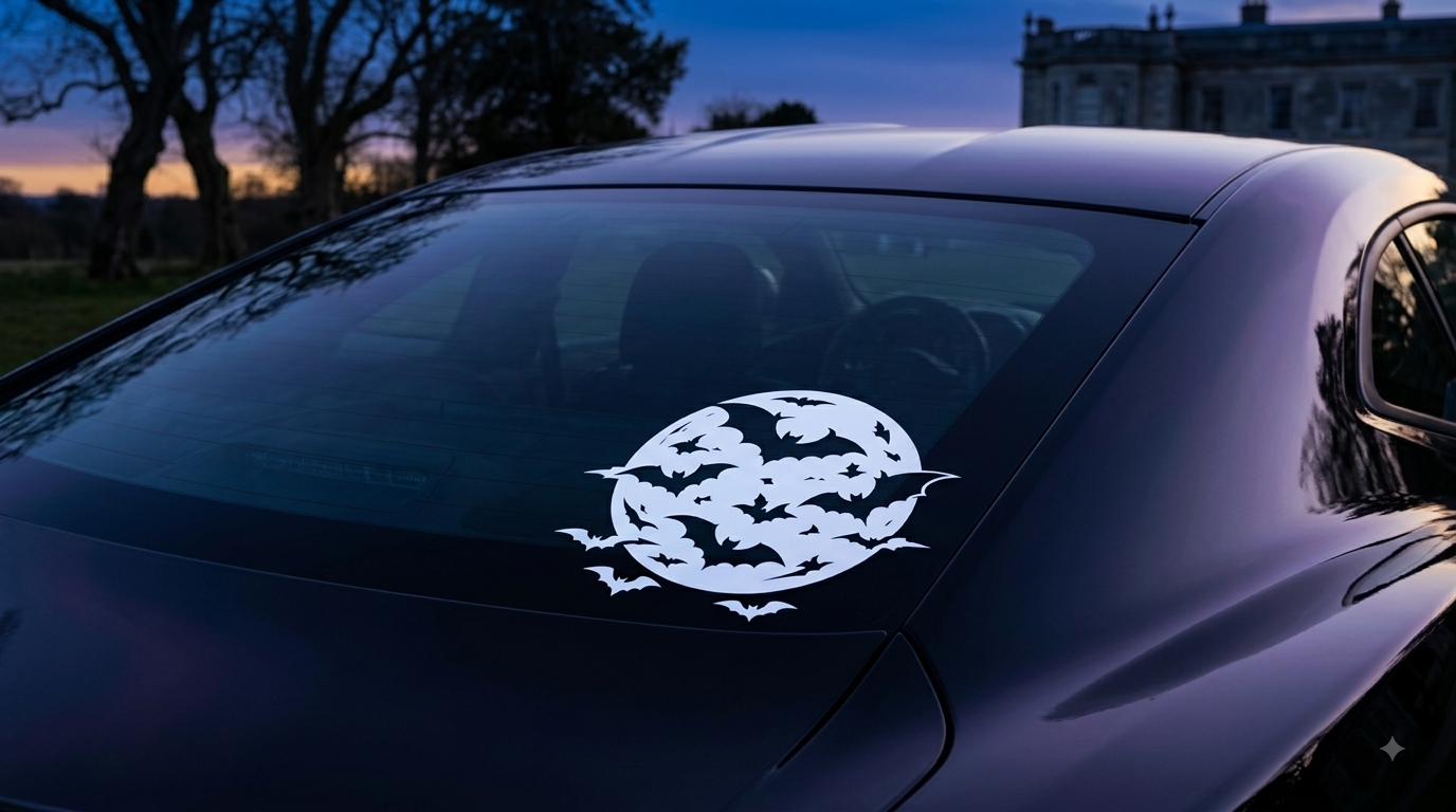 White bats and moon decal on a vehicle rear window at dusk