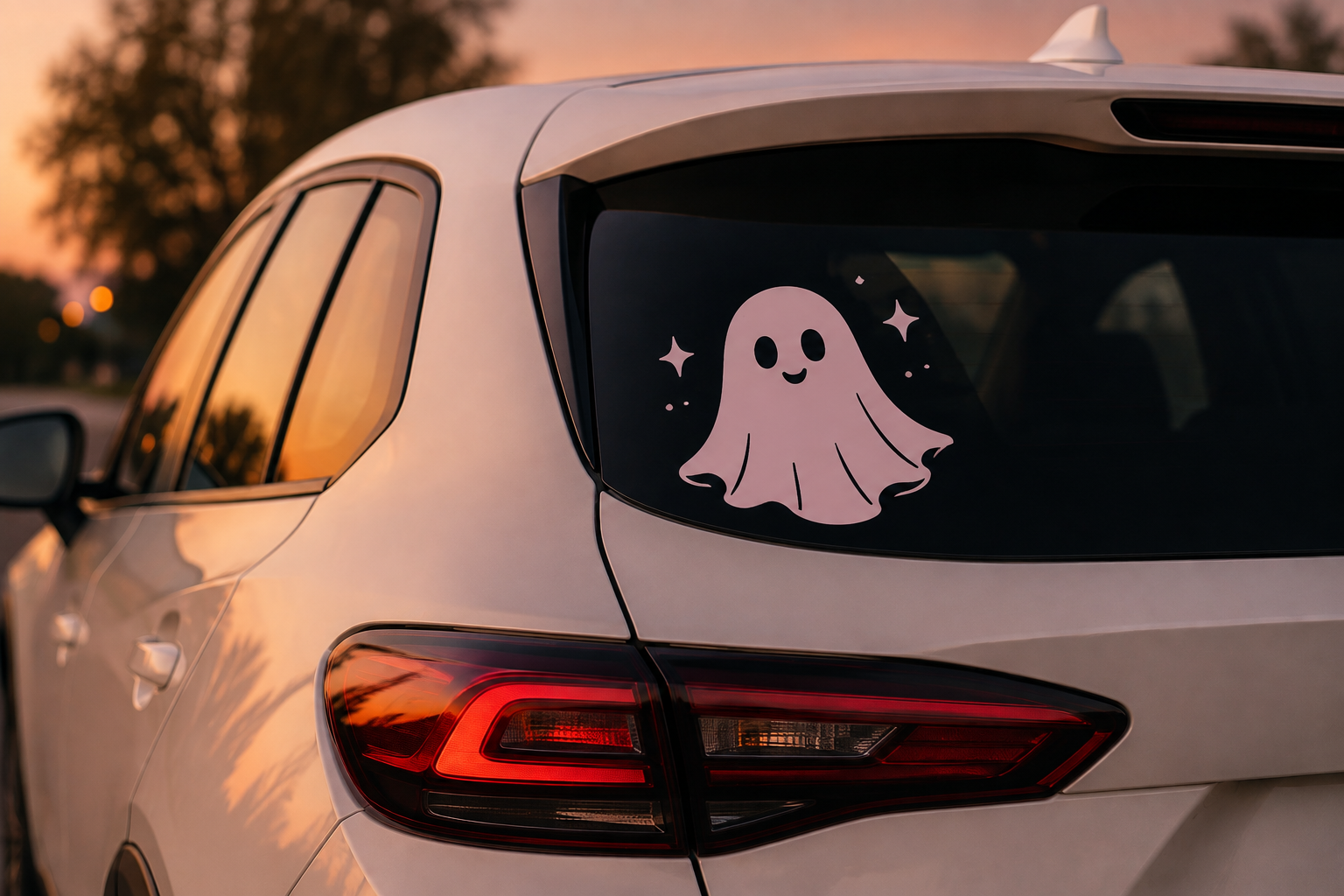 Pink ghost decal on a white SUV rear window at sunset