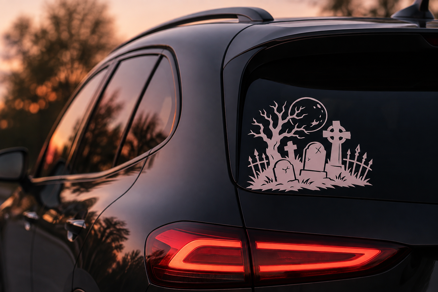 Graveyard decal on a dark SUV rear window at sunset