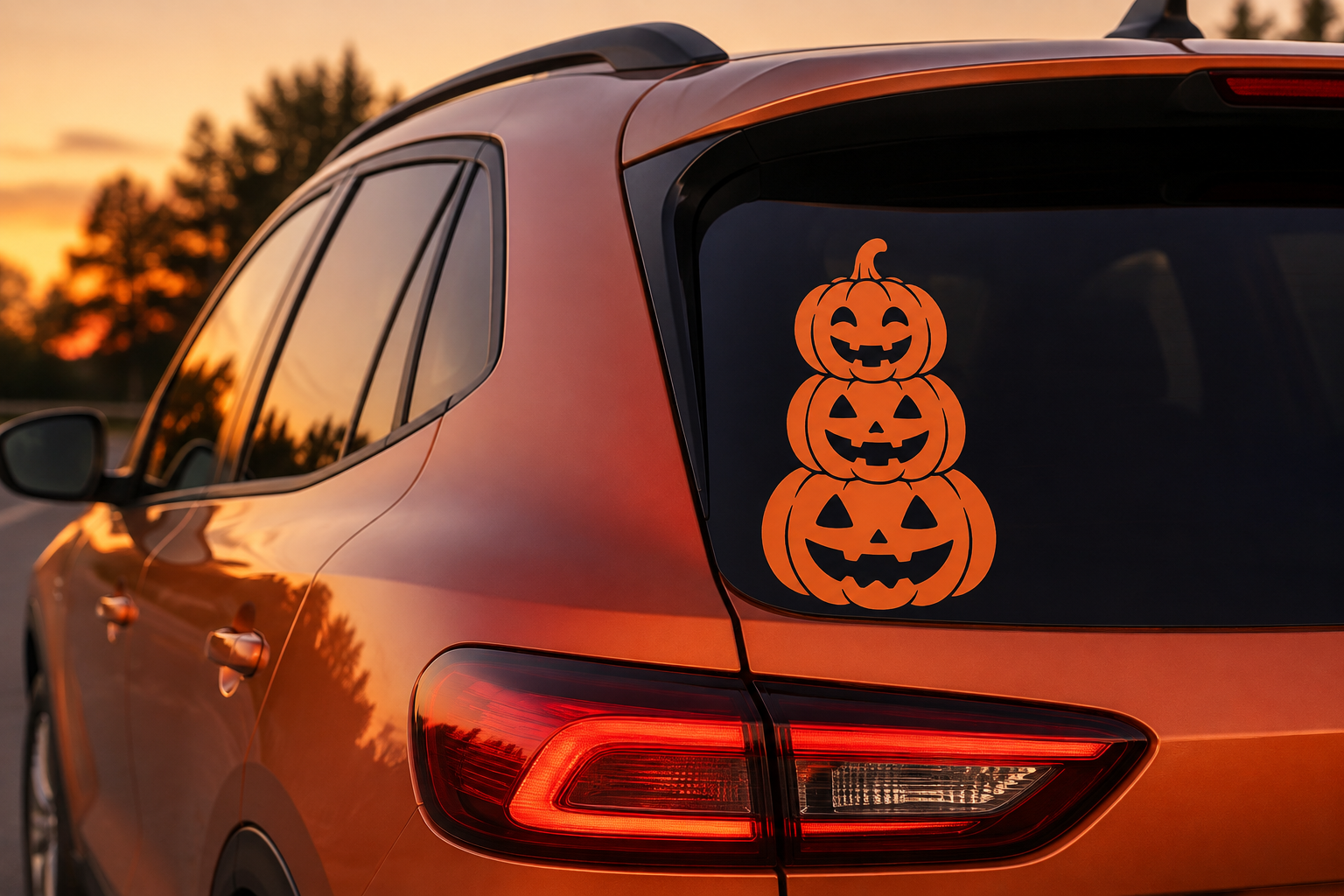 Orange stacked-pumpkins decal on an SUV rear window at sunset
