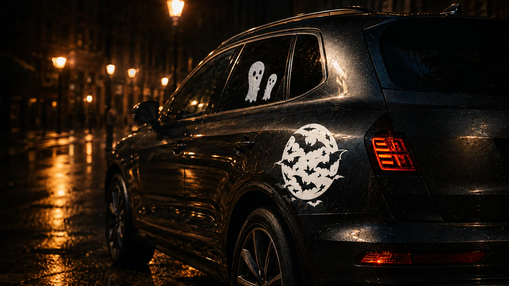 Dark vehicle displaying white ghost and moon-with-bats Halloween vinyl decals