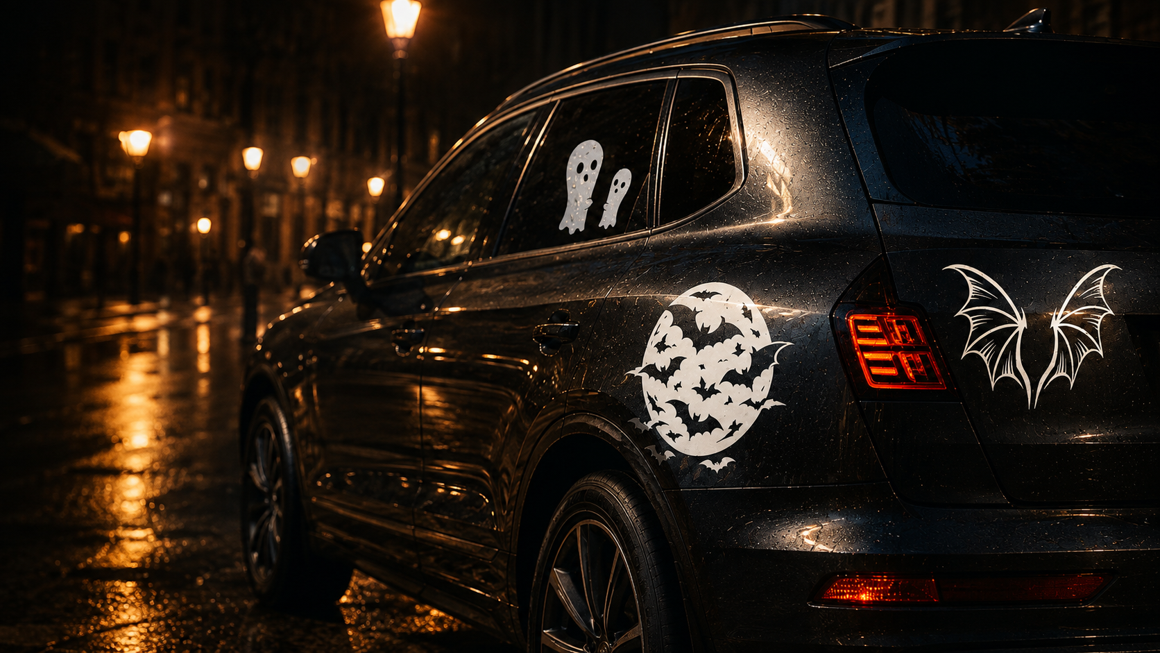 Dark vehicle displaying white ghost and moon-with-bats Halloween vinyl decals