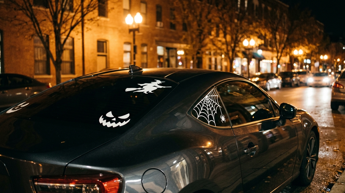 Halloween one-colour decals on a dark car at night