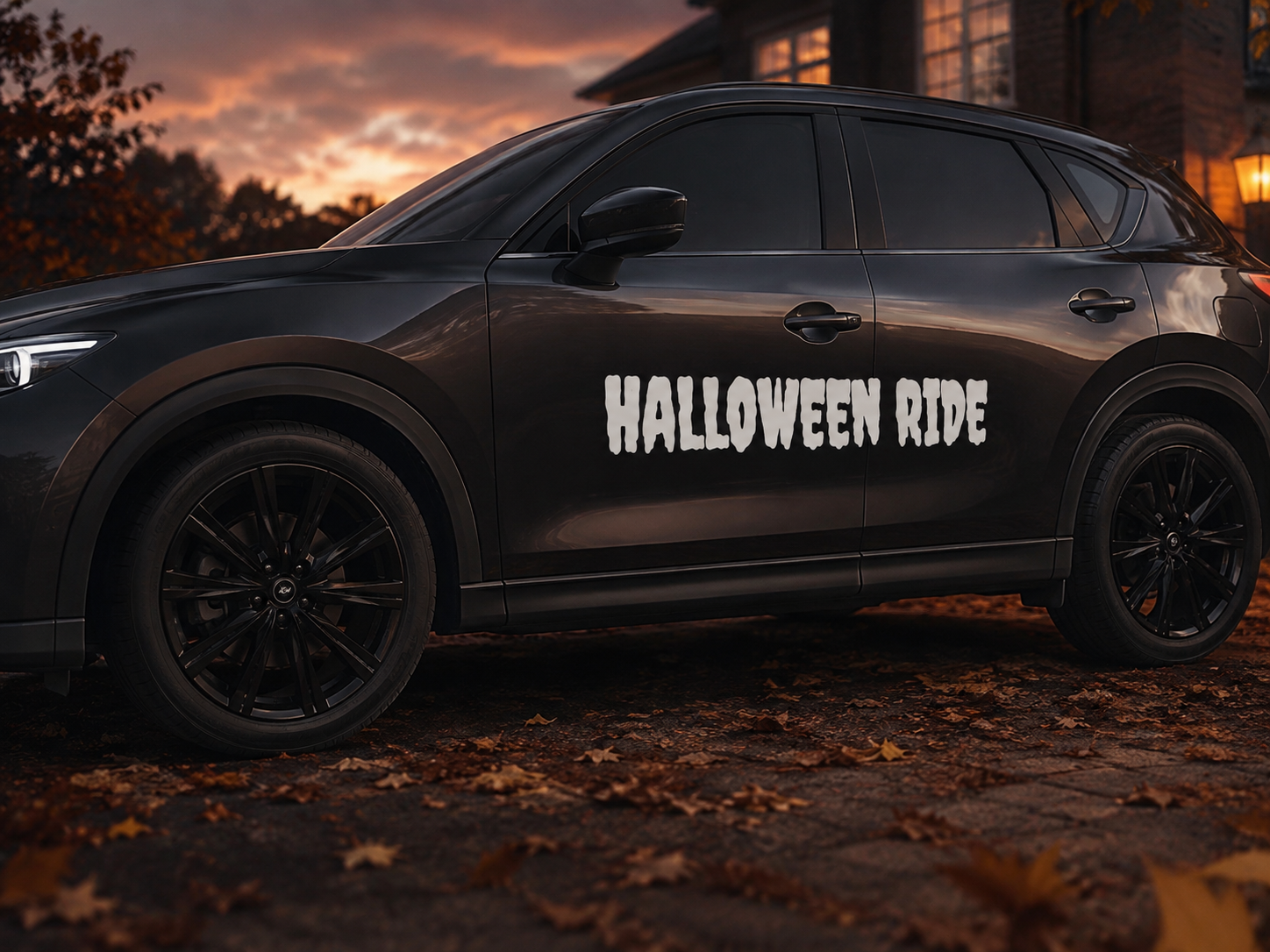 Dark SUV with a white custom vinyl decal reading Halloween Ride on its side