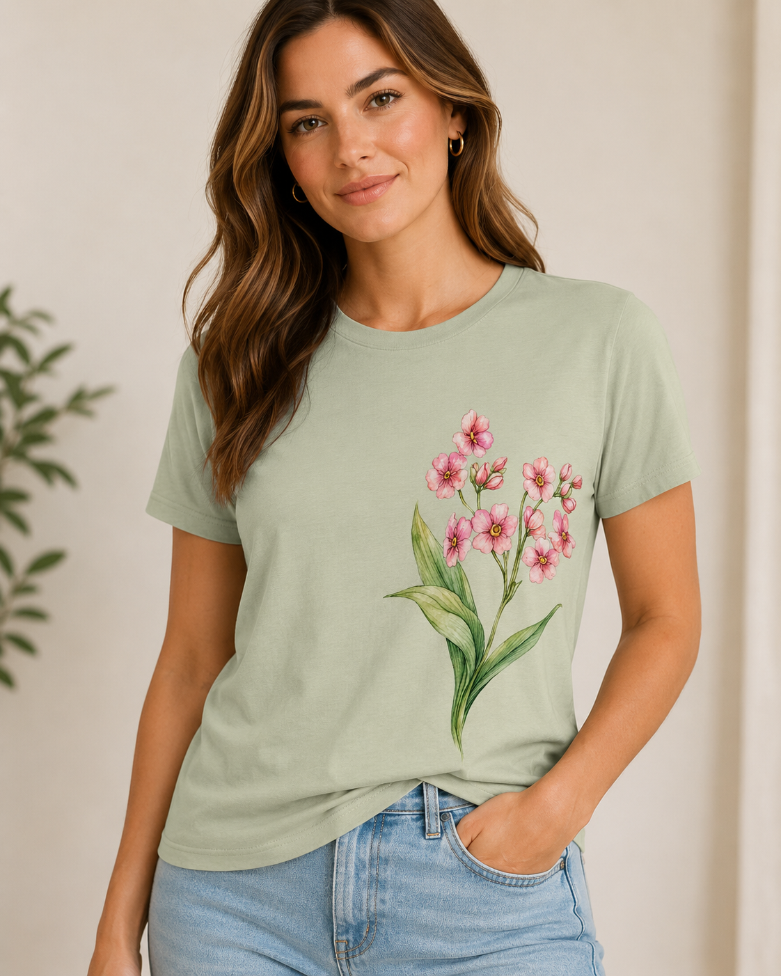 Person wearing a soft green T-shirt with a floral personal design