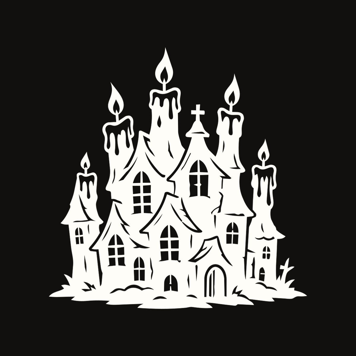 Warm ivory candlelit haunted house decal on a dark vehicle rear window