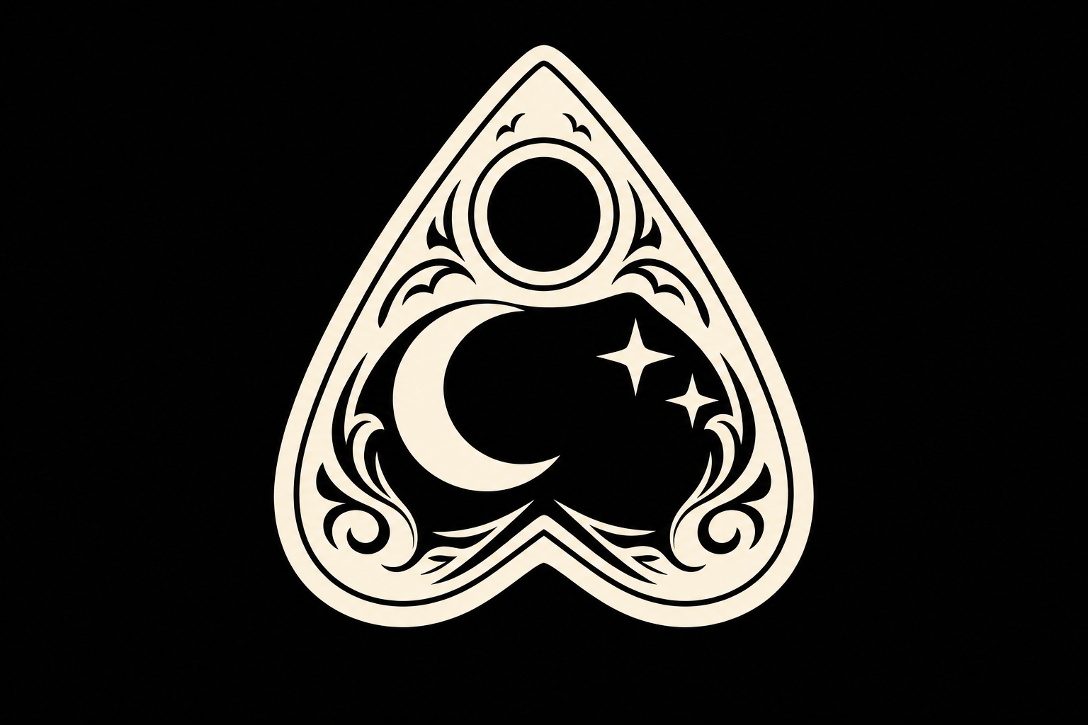 Ouija planchette decal on a dark vehicle window