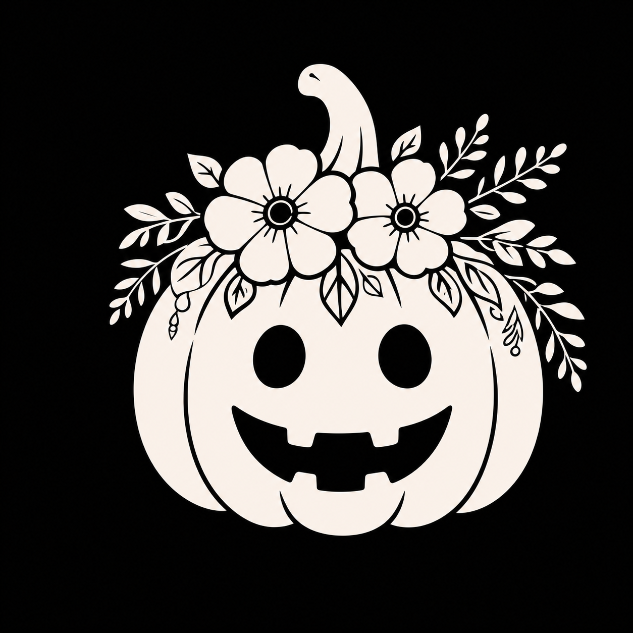 Warm ivory floral pumpkin decal on a black background