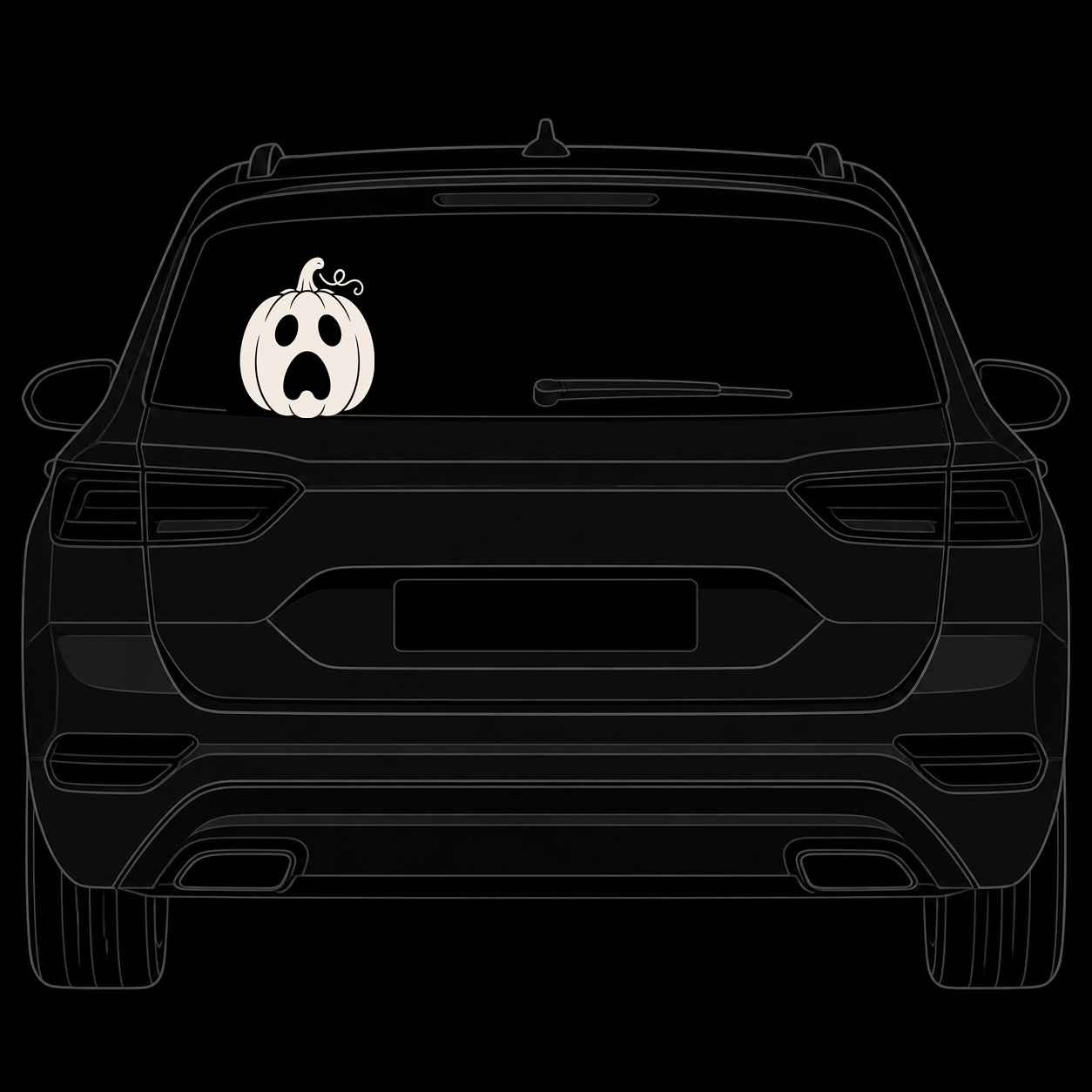 Scared pumpkin face Halloween vinyl decal on a dark rear car window